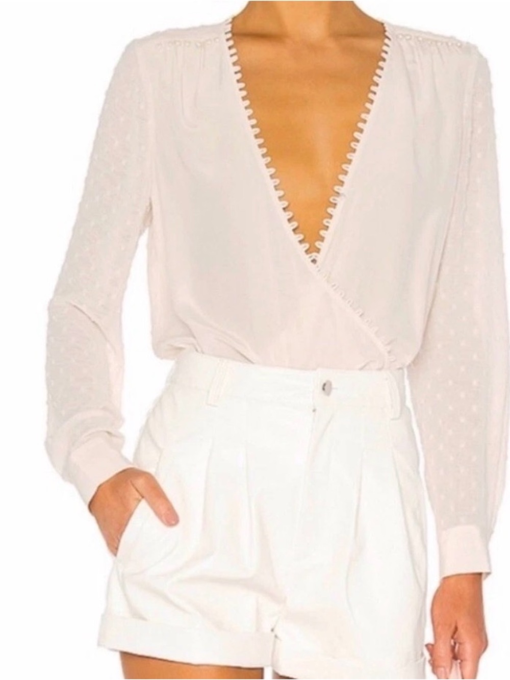 L'AGENCE Cream Sheer Wrap Perry Blouse with Swiss Dot Sleeves - L (NEW)